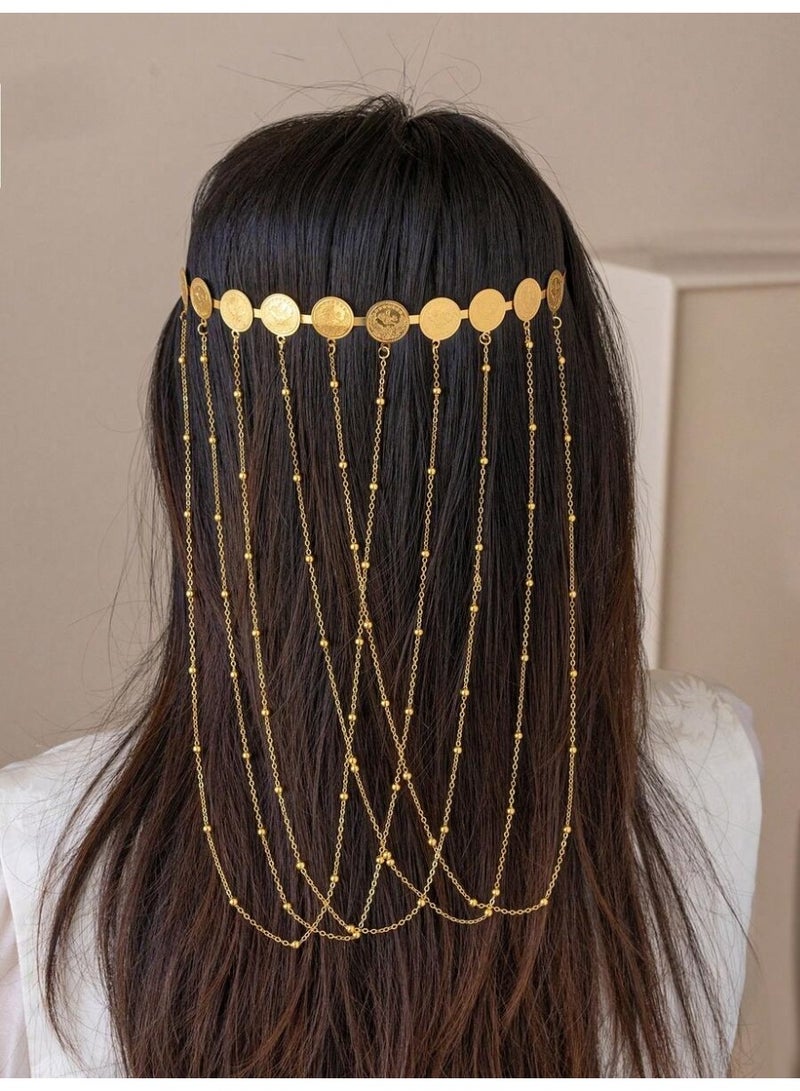 زينة يوم التأسيس السعودي طوق رأس نسائي ذهبي بسلاسل متدلية وتصميم عملات – إكسسوار فاخر لاحتفالات يوم التأسيس والمناسبات الخاصة - Image 3